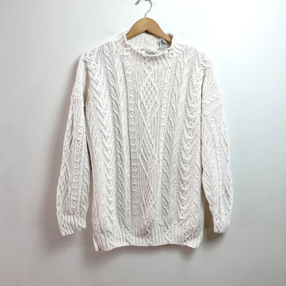 Express Handknitted Cable Knit Fisherman Sweater White Medium Cozy Vintage 90s